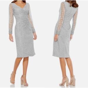 Mac Duggal Platinum Illusion Sleeve Beaded Lace Dress #12408 Sz 10 NWT